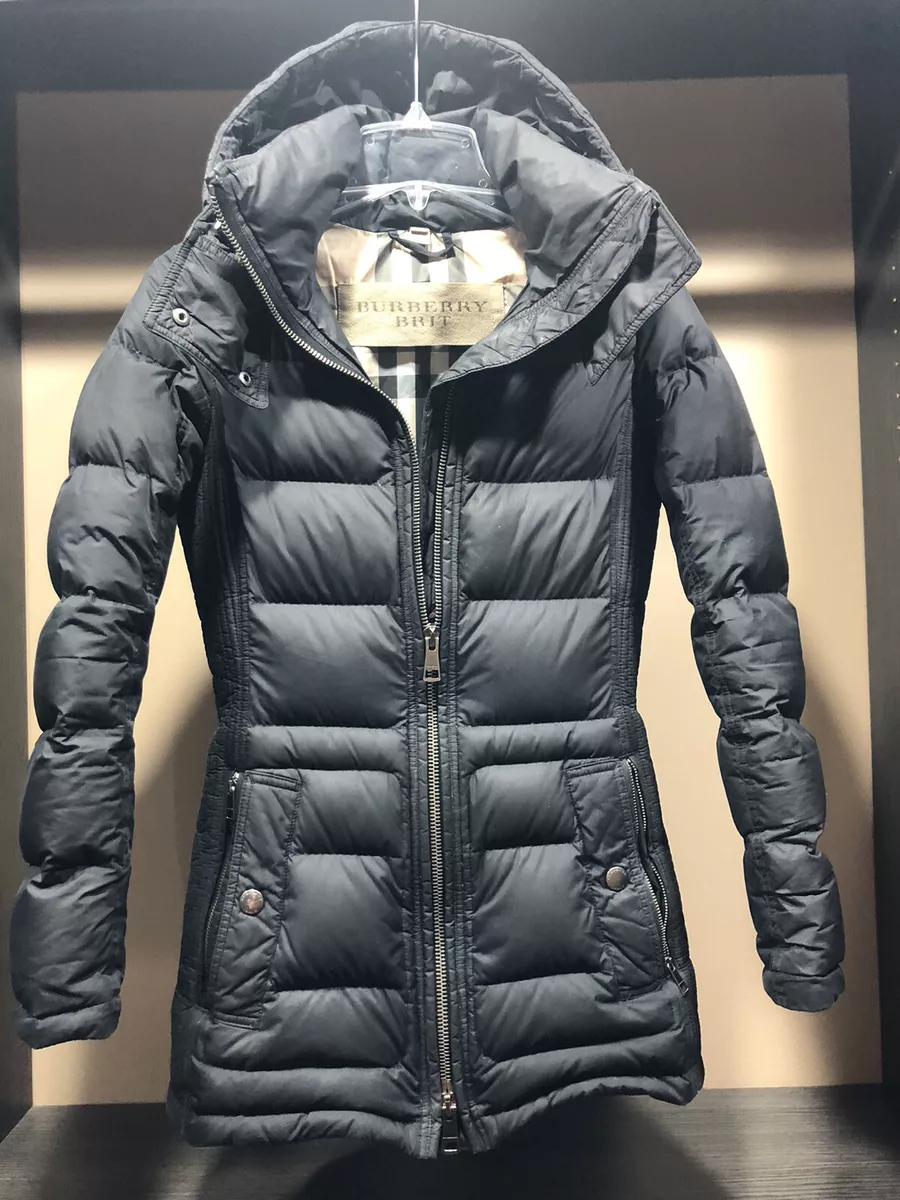 Women s Burberry Brit Mareton Down Puffer Hooded Coat Black Size XS NO BELT