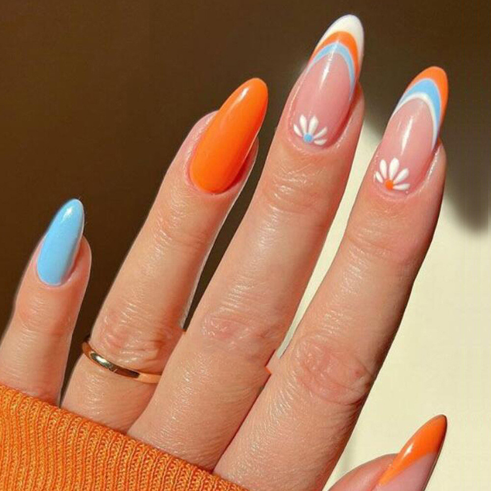 Almond Long False Nail Summer French Flowers Press on Nails for Nail Art 24pcs Almond Long False Nail Summer French Flowers Press on Nails for Nail Art 24pcs - summer almond nails