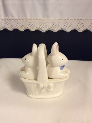NEW His & Her Bunnie Salt & Peppers Shakes in a Basket
