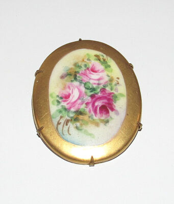 Antique Victorian Porcelain Floral Rose Leaf Flower Brooch Hand 