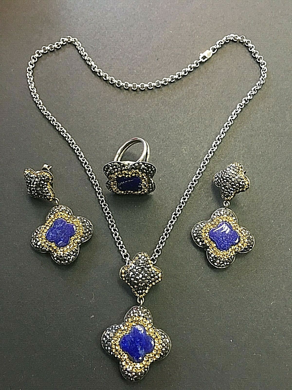 LAPIS CANARY STONES 925 STERLING SILVER EARRINGS + RING + PENDANT CHAIN 20"  49G