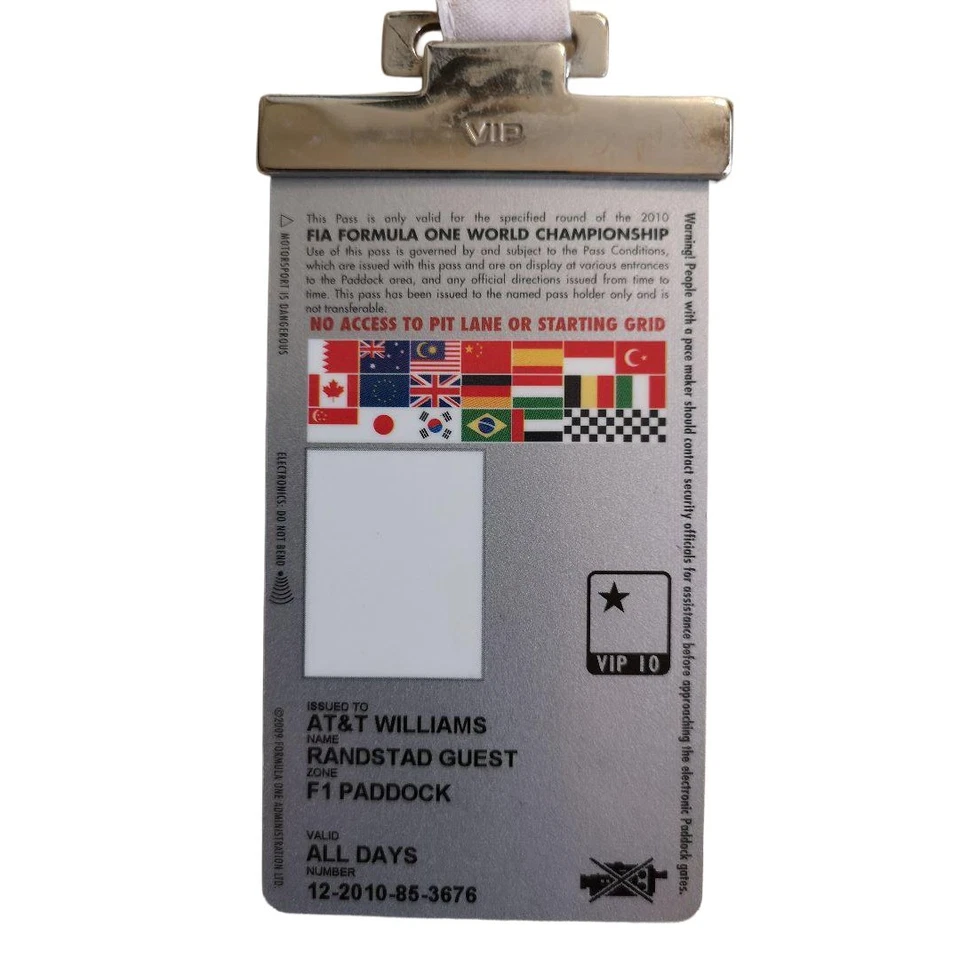 F1 2010 Hungarian GP Paddock Pass Signed by Rubens Barrichello w/ Lanyard RARE - Image 3 of 3