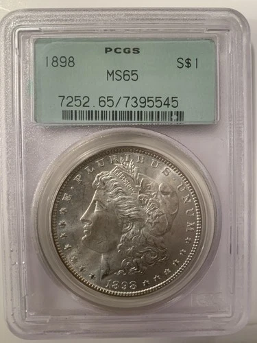 1898-P Morgan Silver Dollar Certified PCGS MS65 Gem with Original Green Holder