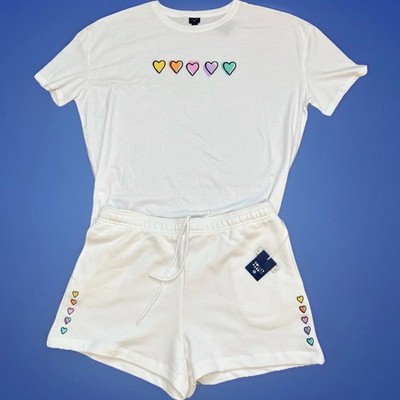 SET Roller Rabbit x Target White Sweat Shorts & T-Shirt Disco Hearts Women s L