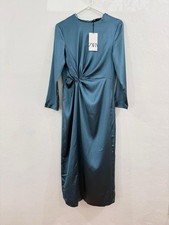 NEW Zara Woman s Satin-Effect Dress With Knot Detail Sky Teal Blue Size Small
