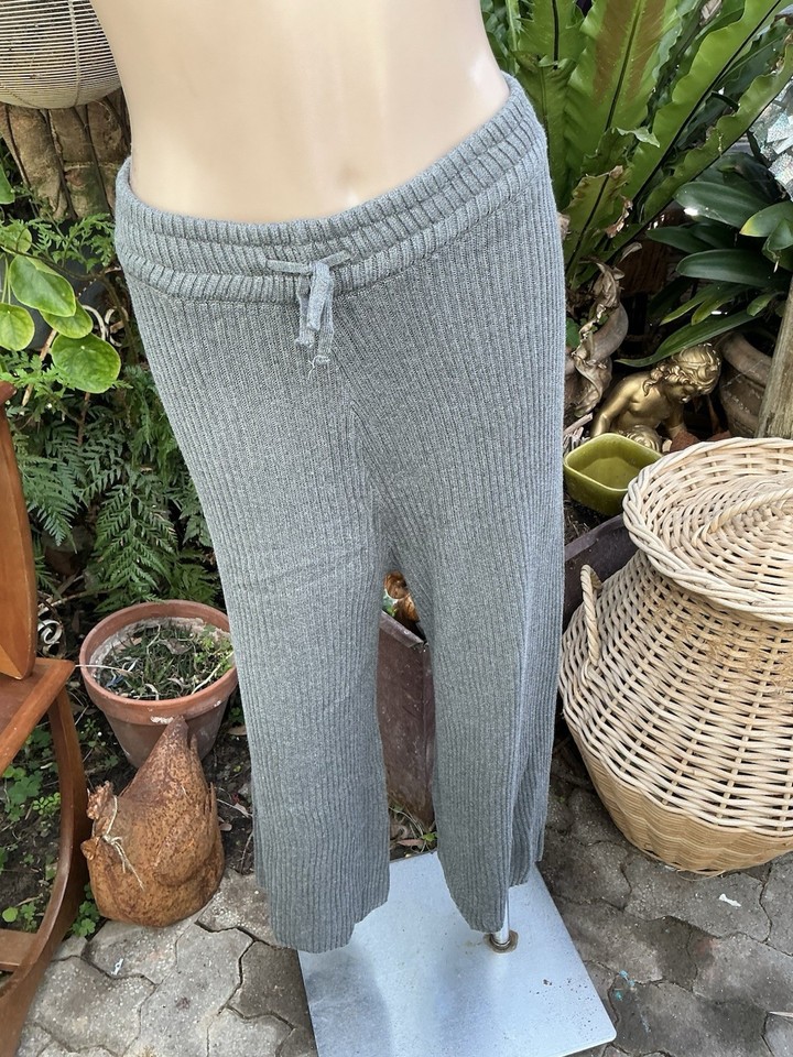 Women’s HALO & HORNS Grey Ribbed Knit Wide-Leg Pants Elastic Waist Size L