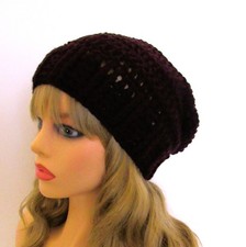SLOUCHY BEANIE HAT CAP DARK BURGUNDY WINE TEXTURED EDGE HANDMADE CROCHET