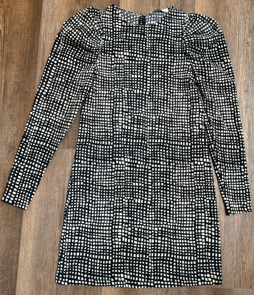 Mango Womens Sienna Long Puff Sleeved Textured Dress Monochrome Black Ecru XS thumbnail 5