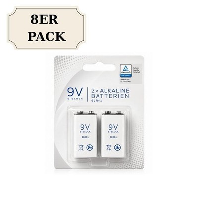 8X Batterie Alkaline E-Block 9V Blockbatterie 6LR61 für Rauchmelder Feuermelder
