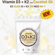 Vitamin D3 10000 iu Plus K2 MK-7 200 mcg, 300 Virgin Coconut Oil Softgels