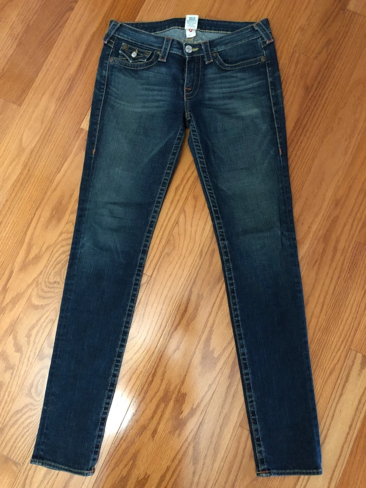 Pantalones de mezclilla True Religion para mujer 31 azules Julie ajustados lavado medio solapa bolsillo tiro bajo Foto 2 de 4