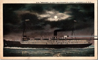 SS Mohawk Clyde Line Steamer Night Jacksonville Florida Moon c1910 Postcard KP4