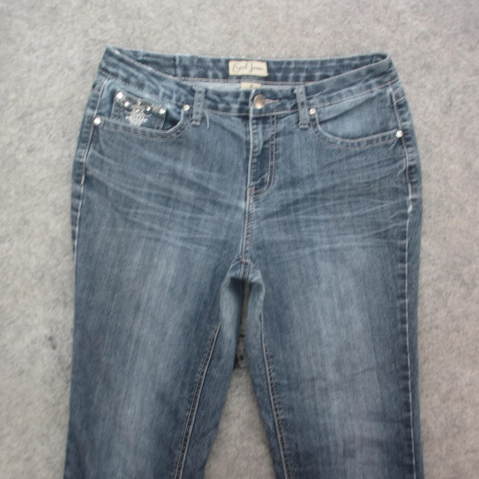 Pantalones de mezclilla Earl Jean para mujer 8 bolsillos elásticos bordados corte bota azul Foto 2 de 4