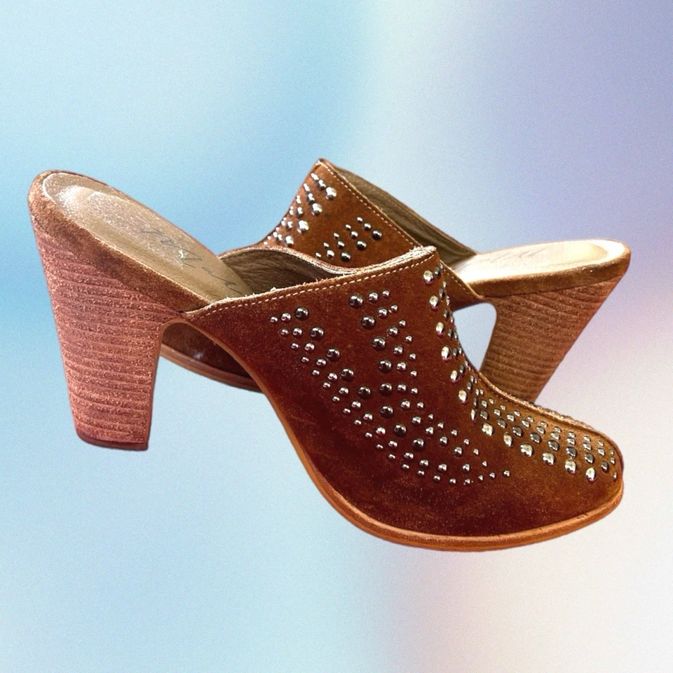 MATISSE Anthropologie Suede Natural Brown Leather Boho Beaded Mule Heel Size 8M - Image 4 of 4