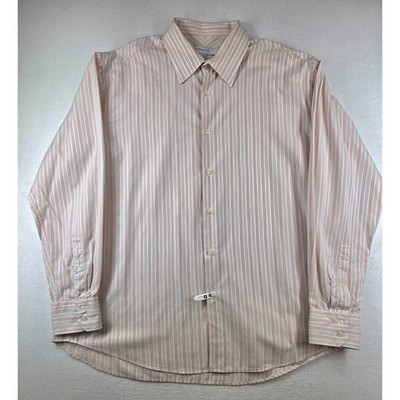 Perry Ellis Portfolio Mens Orange Blue Striped Dress Shirt 17 34/35 Cotton
