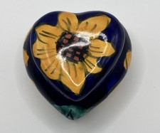 Cerámica mexicana Talavera en forma de corazón caja baratija plato joyería flor firmada