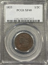 1833 HALF CENT PCGS XF40