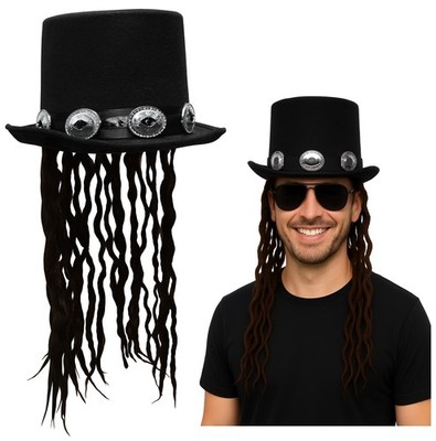 Adult Voodoo Rocker Top Hat Fake Dreads Locs Silver Buckles