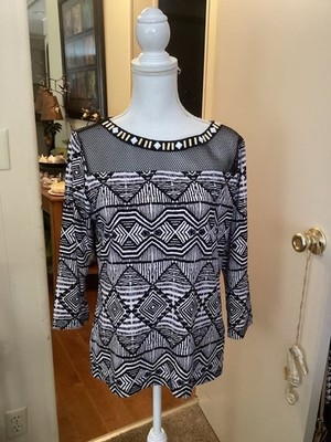 Ruby Rd. Womens Top Black White Embellished Neckline