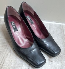 Gabor Black Leather Court Shoes Size 6G Wide Fit Block Heel Square Toe Classic