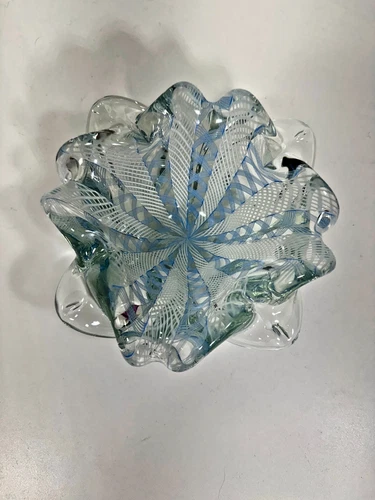 VTG Murano Art Glass Bowl Blue White Latticino Reticello Italy