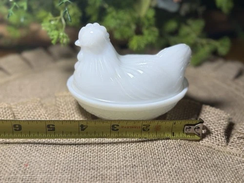 Vintage White Milk Glass Hen on Nest Dish Chicken in Basket 4.25" by Hazel Atlas