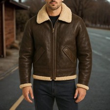 Men s Brown Shearling Leather Jacket Classic Aviator Style Premium Quality