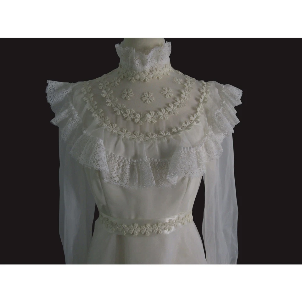 Vintage Wedding Gown Boho High Neck  Chiffon Ruffles Lace - Image 2 of 4