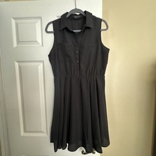 BCBG Maxazria Solid Black Sleeveless Collared Button Up Fit & Flare Dress Large