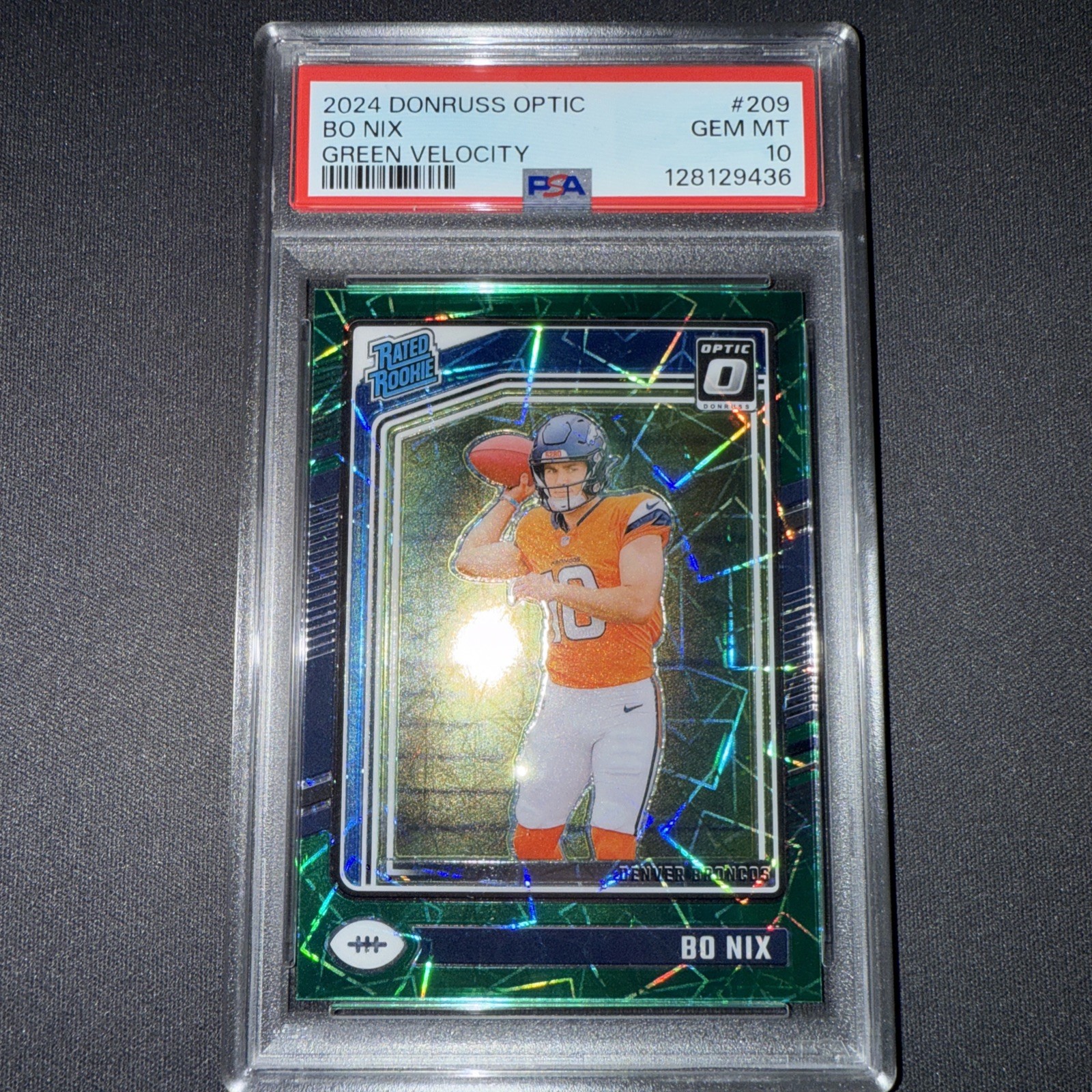 💥2024 Donruss Optic #209 Bo Nix Green Velocity Rookie PSA 10 RC (B)