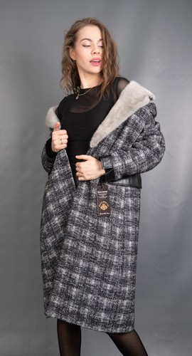 15428 NEW GLAMOROUS TWEED COAT WITH REAL MINK LUXURY FUR BEAUTIFUL LOOK SIZE M - Foto 7 di 14