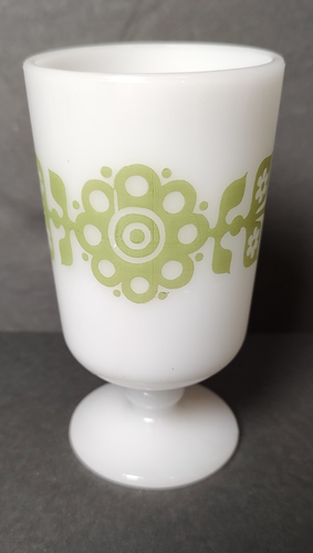 Vintage White Milk Glass Pedestal Cup Mug Green Floral Design Coffee Tea 4.75" - Picture 3 of 7