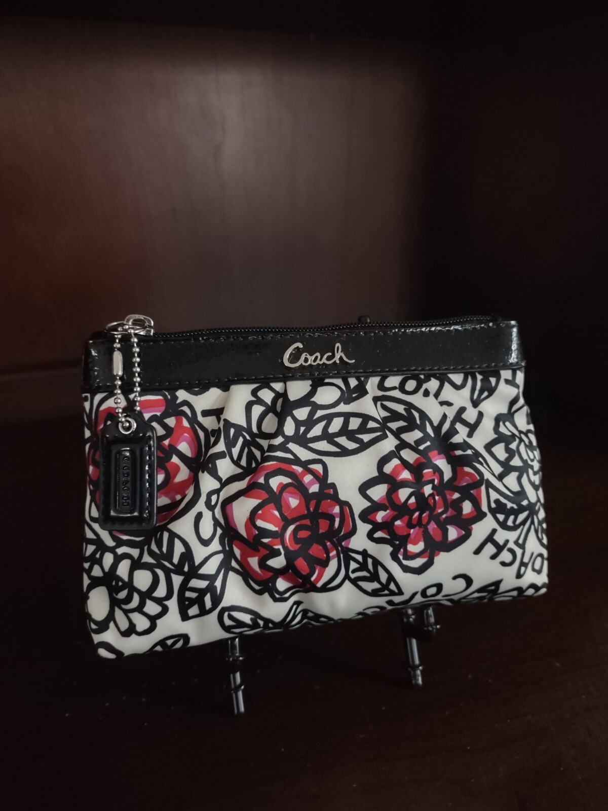 COACH Poppy Daisy Floral Graffiti Zip Top Leather Trim Pouch Black