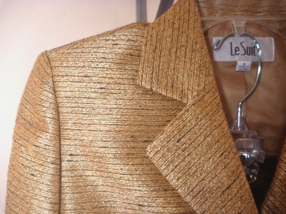 Nuevo LE SUIT PANTALÓN TRAJE 8 BLAZER FORRADO Dorado Marrón Brillante Lurex Solapa Cinturón Nuevo con Etiquetas Foto 3 de 4