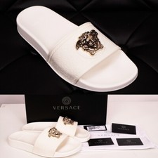 39 NEW 450 VERSACE Woman White Pool Slides GOLD MEDUSA Logo Palazzo SANDALS NIB