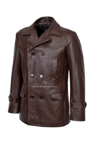 Men's Cowhide Real Leather Coat Brown WW2 Inspired Double Breasted Style Dr Who - Picture 5 of 9
