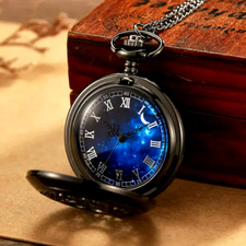 Vintage Bronze Pocket Watch Starry Blue Dial Roman Numerals Hollow Design Gift
