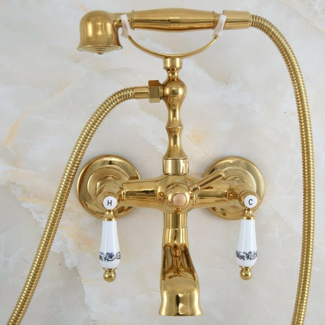 Gold Color Brass Clawfoot Bathtub Tub Faucet w/Hand Shower Spray Tap
