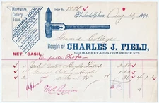 RARE Chas Field Cutlery Tools Hardie Ratchet Wrench Philadelphia Billhead 1890