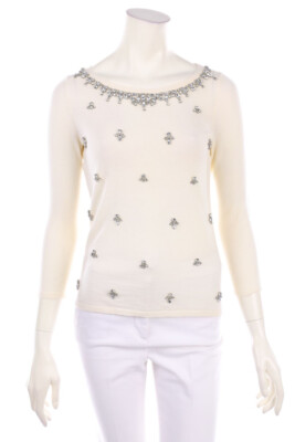 TALBOTS Pullover Merinowolle Schmuckstein-Applikation XS créme