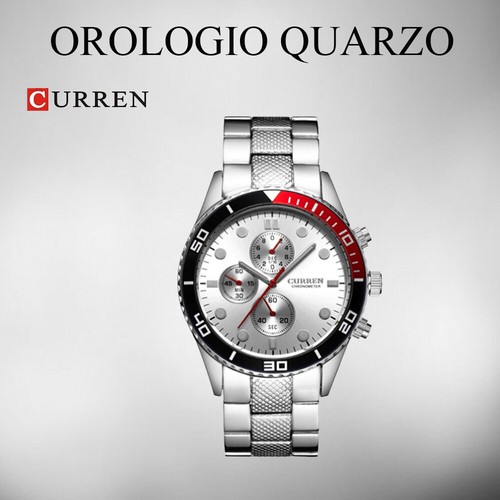 Orologio Polso Uomo CURREN Analogico Quarzo Design Argento Ghira Nera e  Rossa | eBay