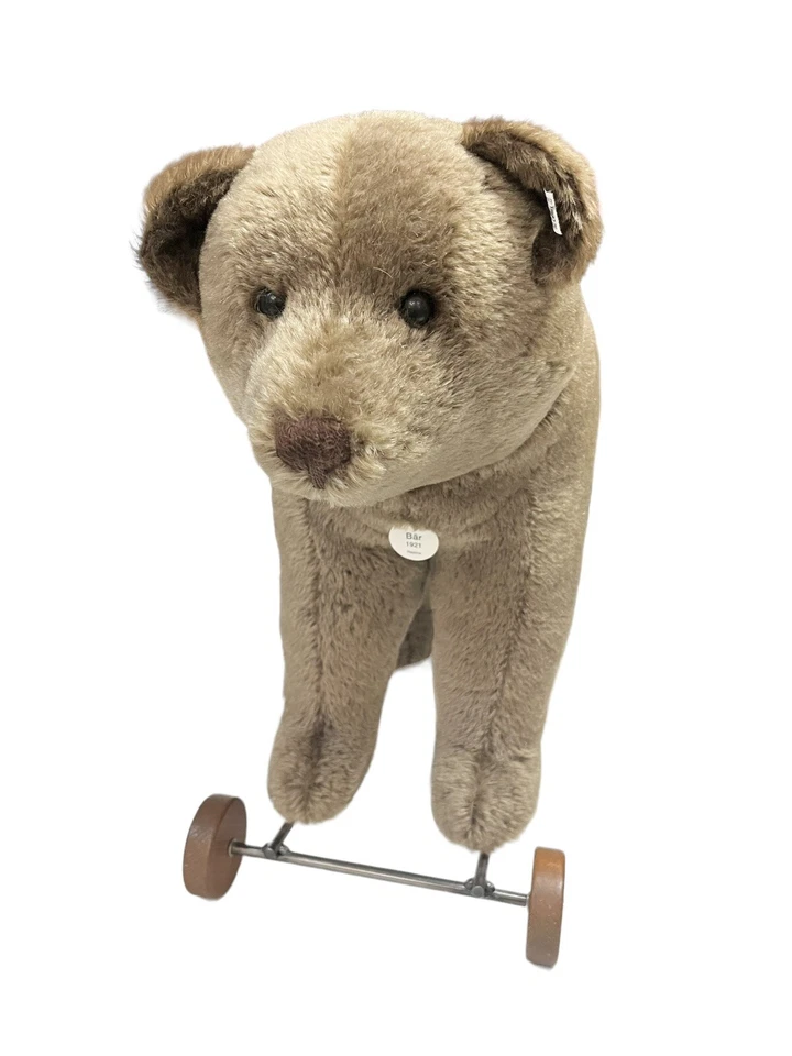 Steiff 1921 Replica Stuffed Bear on Wooden Wheels Germany EAN 400384 RARE LARGE - Image 4 of 4