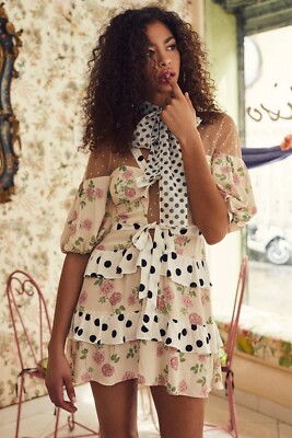 princess polly baby blue dress For Love And Lemons Butterscotch Tiered Mini Dress In Floral Polka Print  Size S