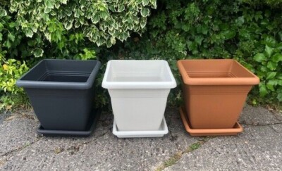 Large 40cm Square Plant Pots & Saucers Grey Off White Terracotta Garden  Planters | eBay