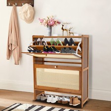 Rattan Shoe Cabinet 2 Flip Drawers Shoe Rack Storage Organizer for Entryway Home
