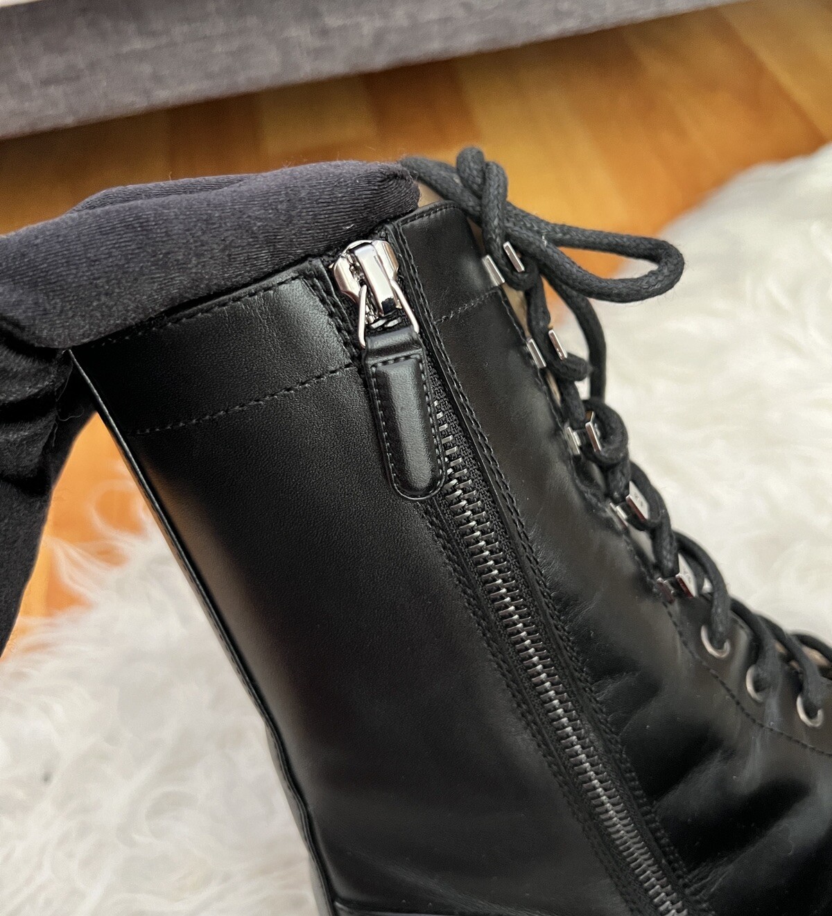 Auth Chanel Classic Black Leather CC Logo Lace-Up Combat Boots - Size 39 image 6