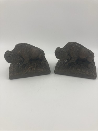2 Fermalibri Vintage Armatura Bronzo Bufalo Bisonte Art Decò - Foto 1 di 12