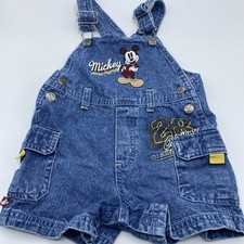 Vintage 90s Mickey Overalls Shorts Embroidered Disney Denim Shortalls 12 Months