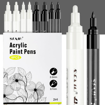 SFAIH Black & White Acrylic Paint Markers - 8 Pack 2-3MM Medium Tip & 0.7MM Extr