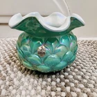 ARTICHOKE Vintage Fenton Jacqueline Opalescent Cased Glass Green Vase Bowl